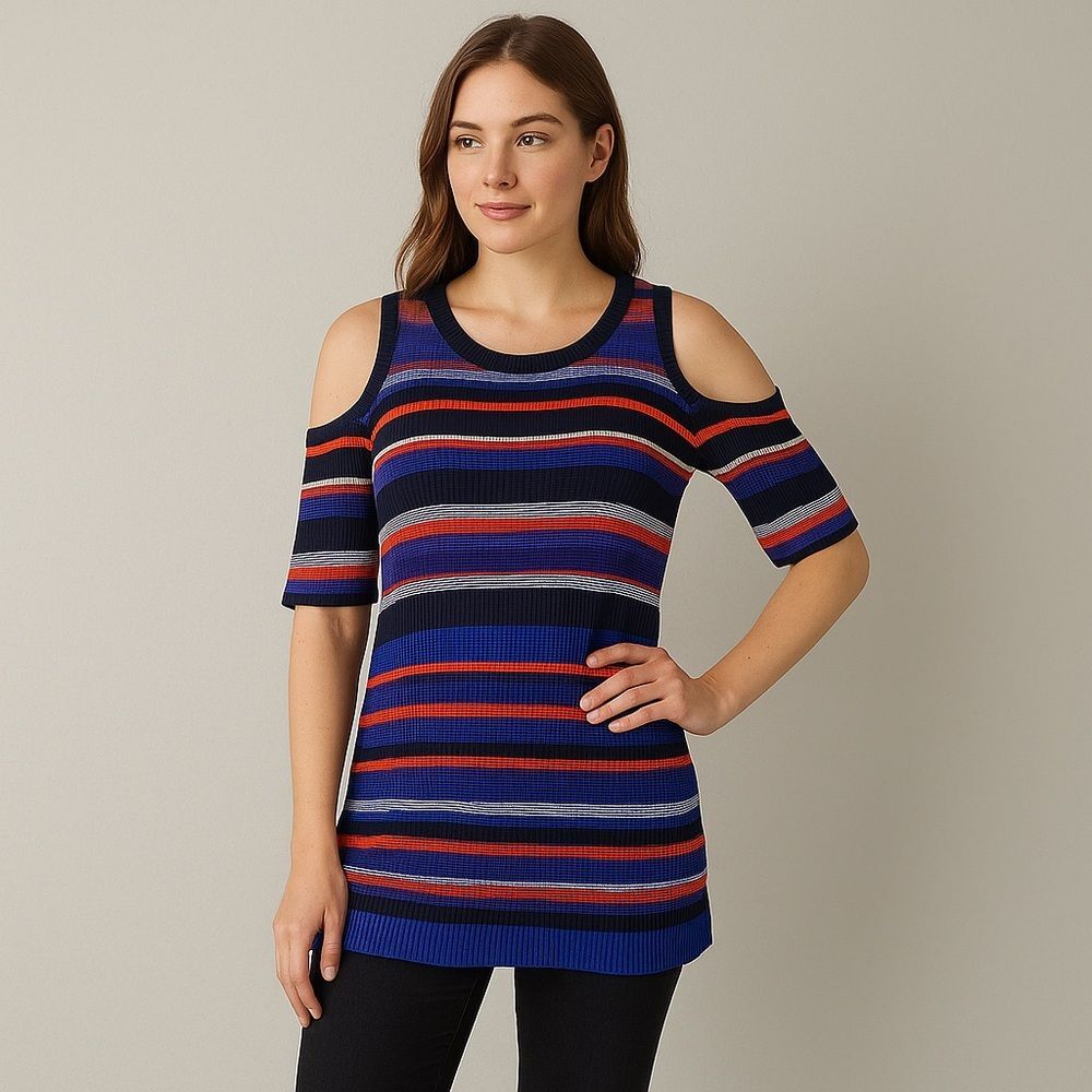 ECI Vibrant Striped Open Shoulder Knit Top XS Small
